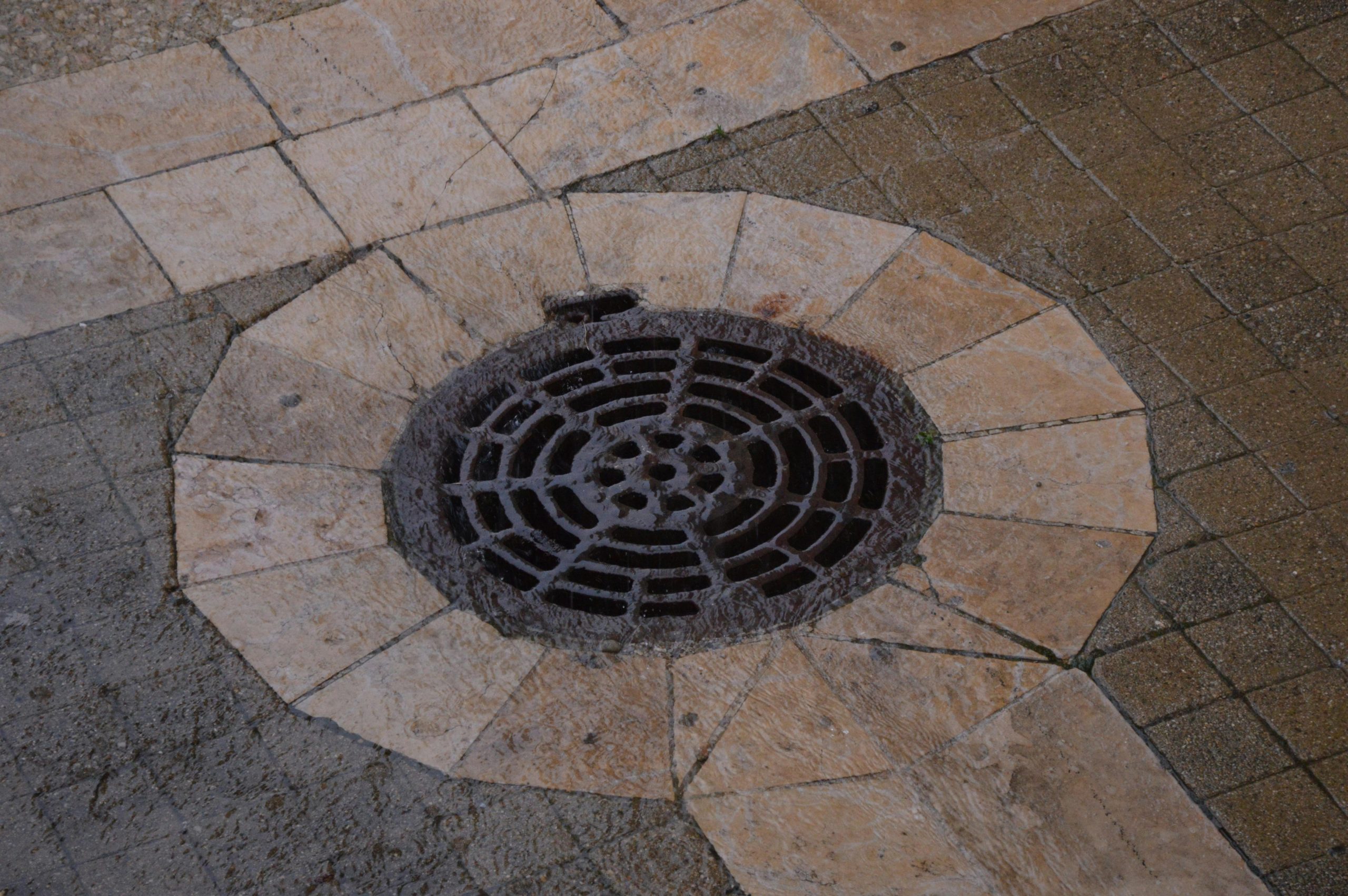 Close-up of an intricate iron manhole cover on a paved urban sidewalk.